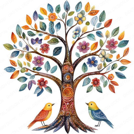 Folk Tree with Birds A fussy cut sheet in A4 format showing all 12 designs on one printable page