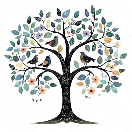 Folk Tree with Birds A fussy cut sheet in US Letter format showing all 12 designs on one printable page