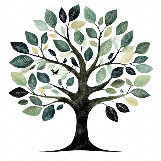 Folk Tree with Birds B fussy cut sheet in A4 format showing all 12 designs on one printable page