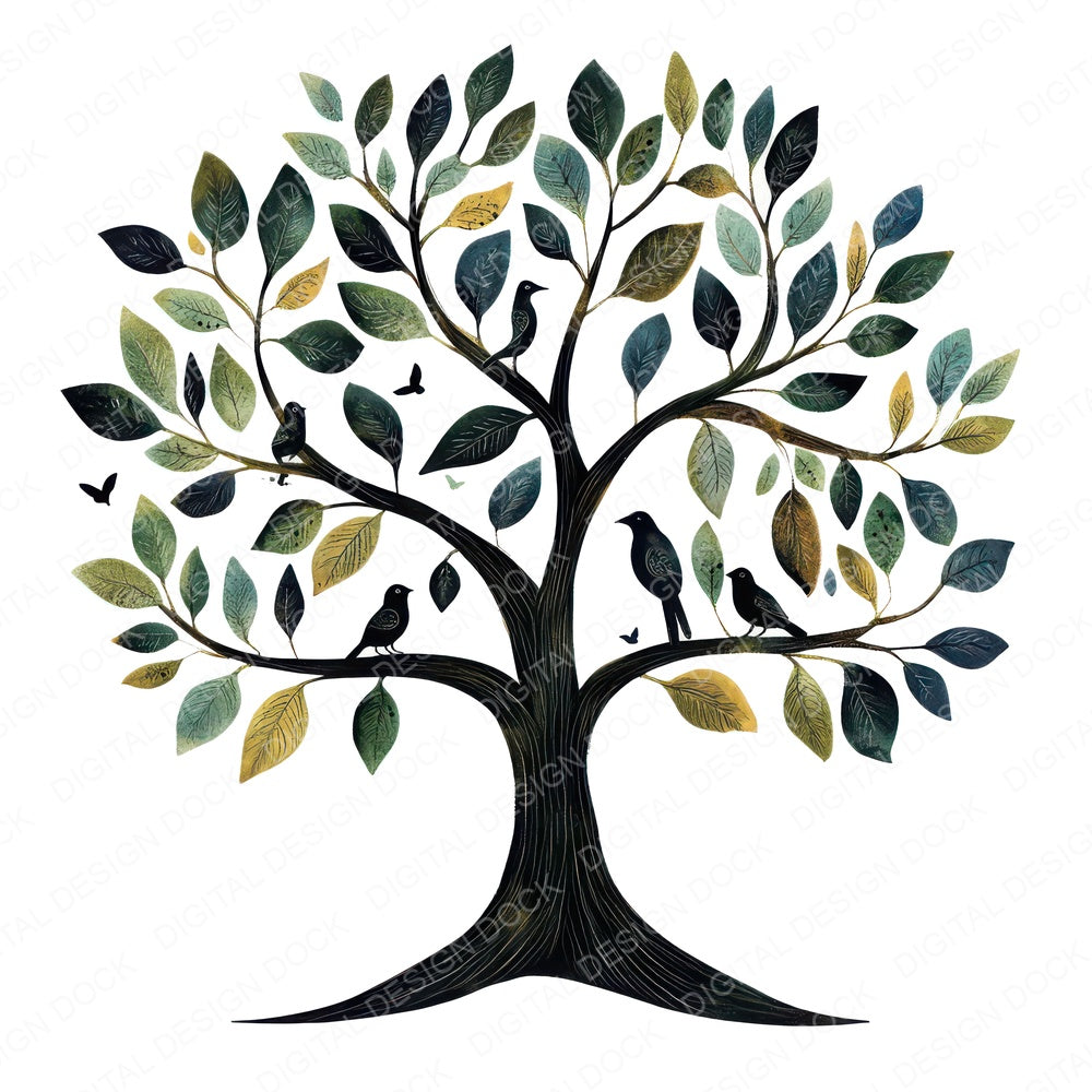Folk Tree with Birds B fussy cut sheet in US Letter format showing all 12 designs on one printable page