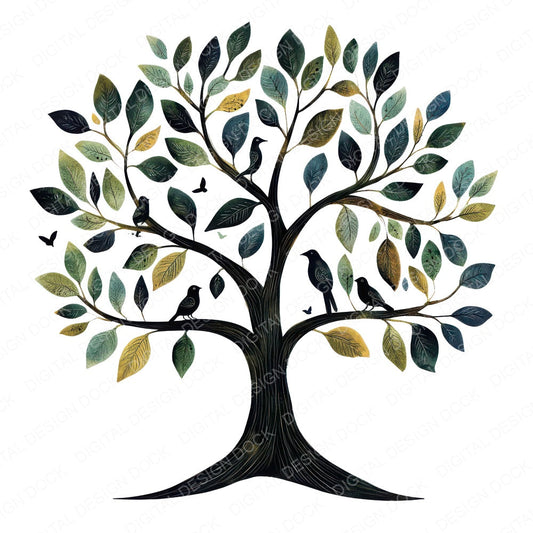 Folk Tree with Birds B fussy cut sheet in US Letter format showing all 12 designs on one printable page