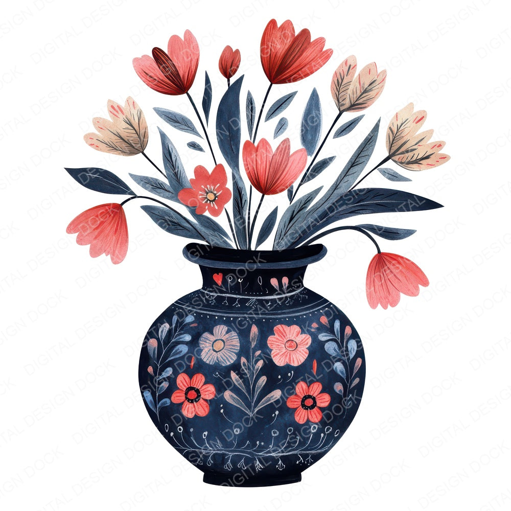 Folk Vase with Flowers fussy cut sheet in A4 format showing all 12 designs on one printable page