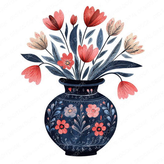 Folk Vase with Flowers fussy cut sheet in A4 format showing all 12 designs on one printable page