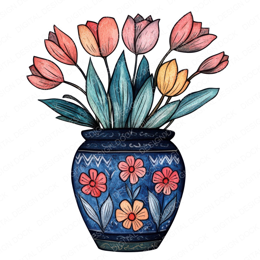 Folk Vase with Flowers fussy cut sheet in US Letter format showing all 12 designs on one printable page