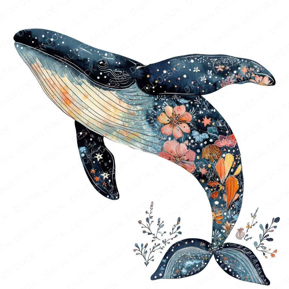 Folk Whale with Waves fussy cut sheet in A4 format showing all 12 designs on one printable page