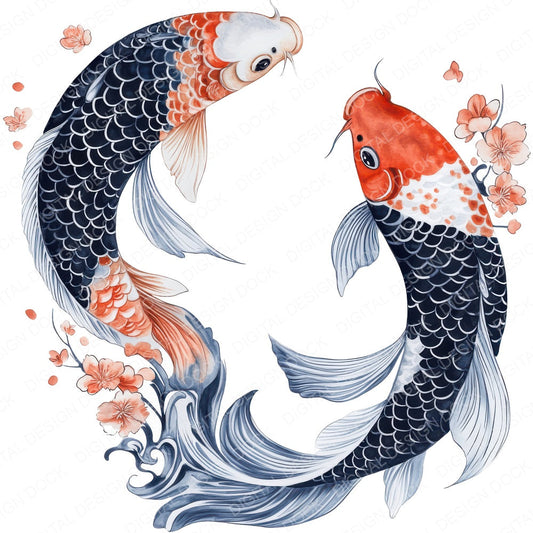Folk Yin Yang Koi fussy cut sheet in A4 format showing all 12 designs on one printable page