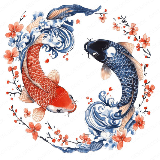 Folk Yin Yang Koi fussy cut sheet in US Letter format showing all 12 designs on one printable page