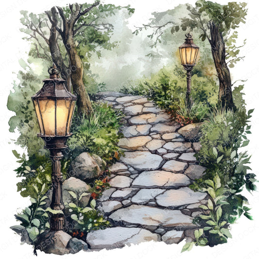 Forest Path with Lanterns fussy cut sheet in A4 format showing all 12 designs on one printable page