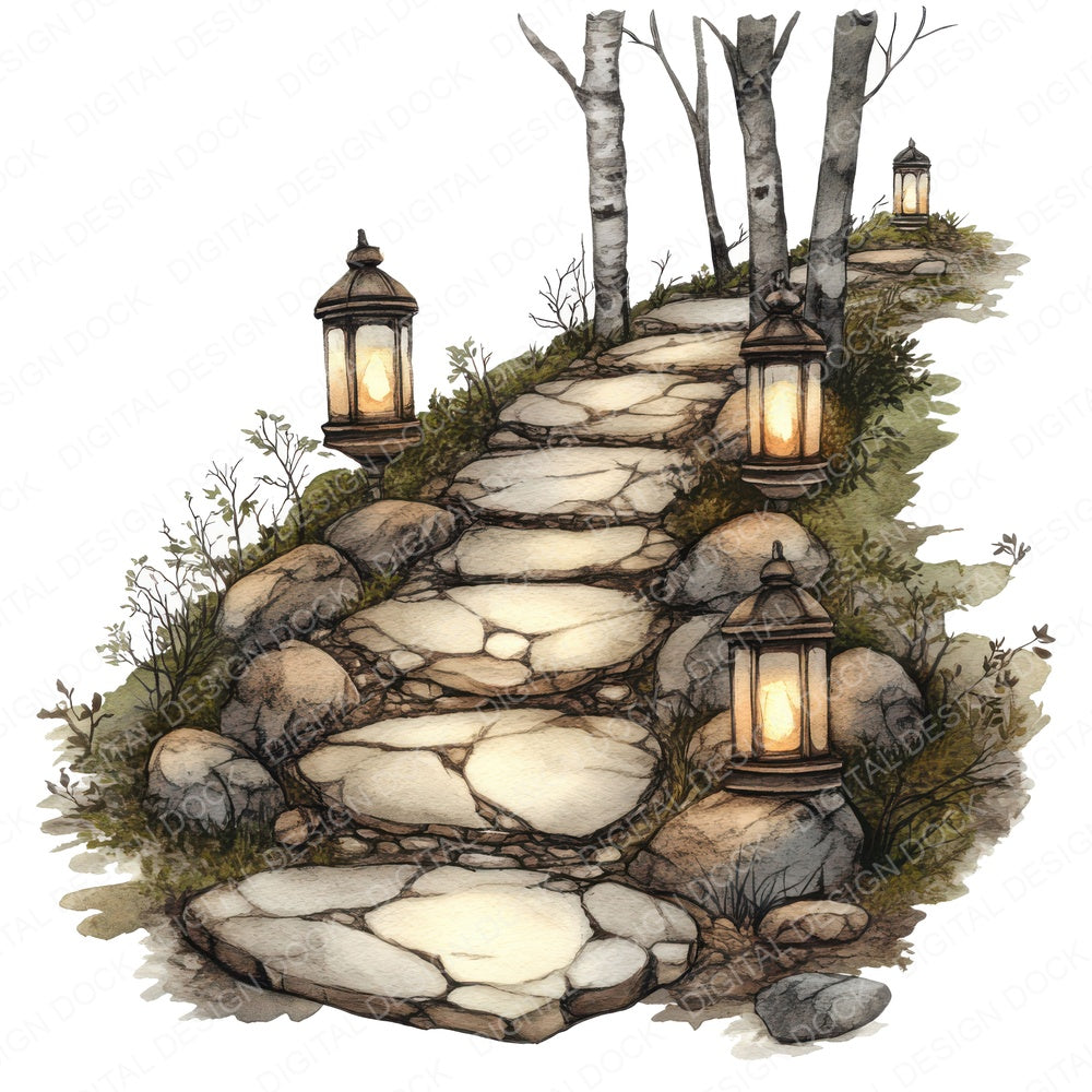 Forest Path with Lanterns fussy cut sheet in US Letter format showing all 12 designs on one printable page