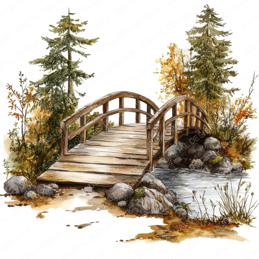 Forest Stream Bridge fussy cut sheet in US Letter format showing all 12 designs on one printable page