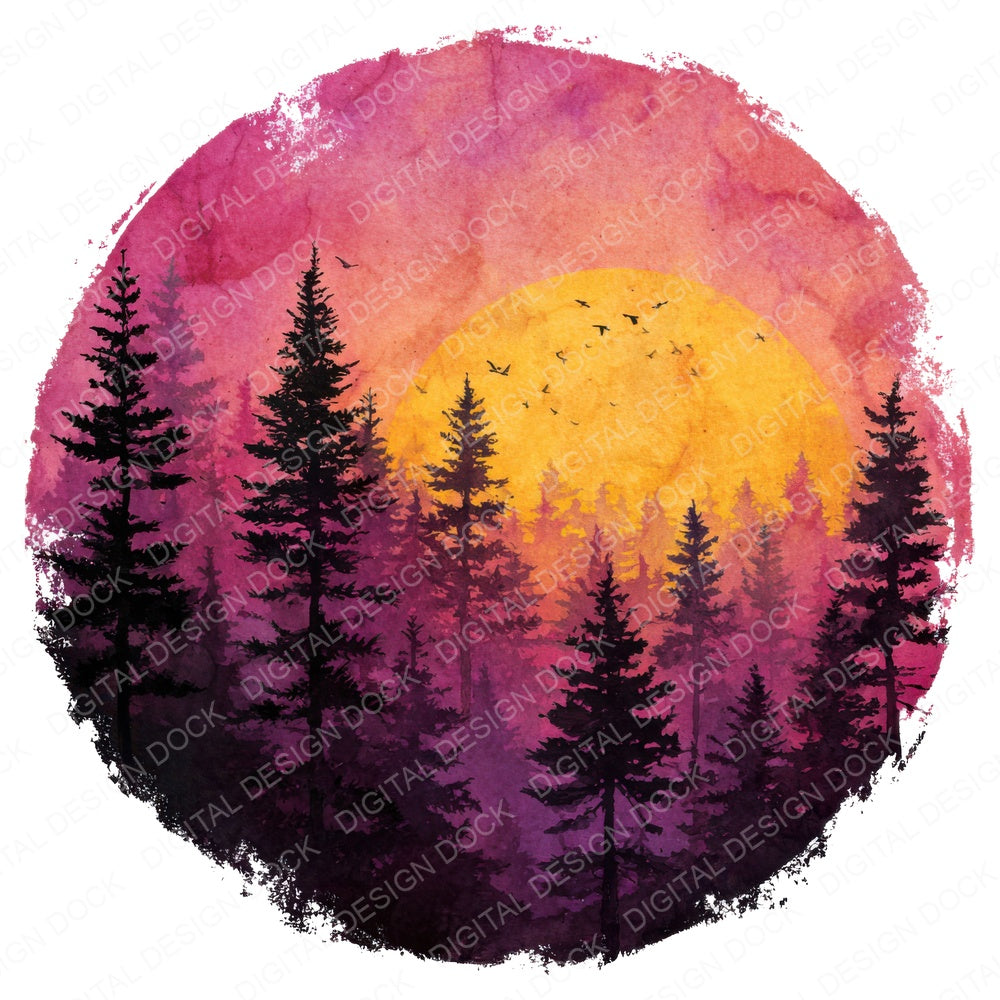 Forest Sunset Scene fussy cut sheet in A4 format showing all 12 designs on one printable page