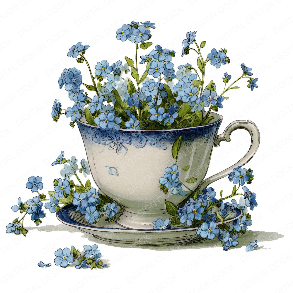Forget Me Not Teacup B fussy cut sheet in A4 format showing all 12 designs on one printable page