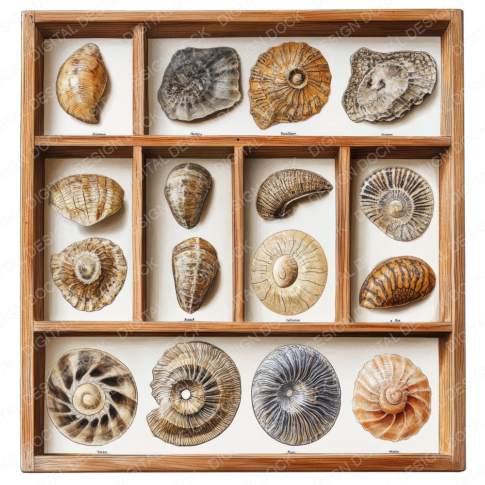 Fossil Display Tray fussy cut sheet in A4 format showing all 12 designs on one printable page