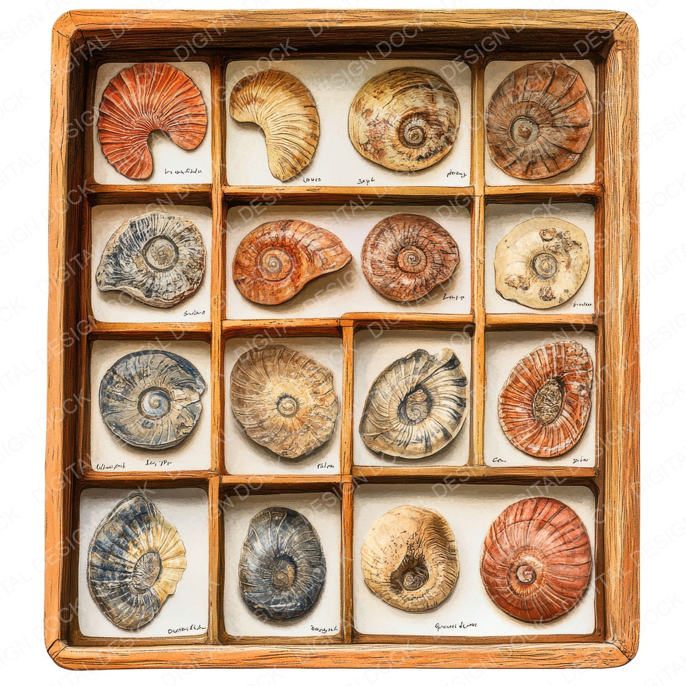 Fossil Display Tray fussy cut sheet in US Letter format showing all 12 designs on one printable page