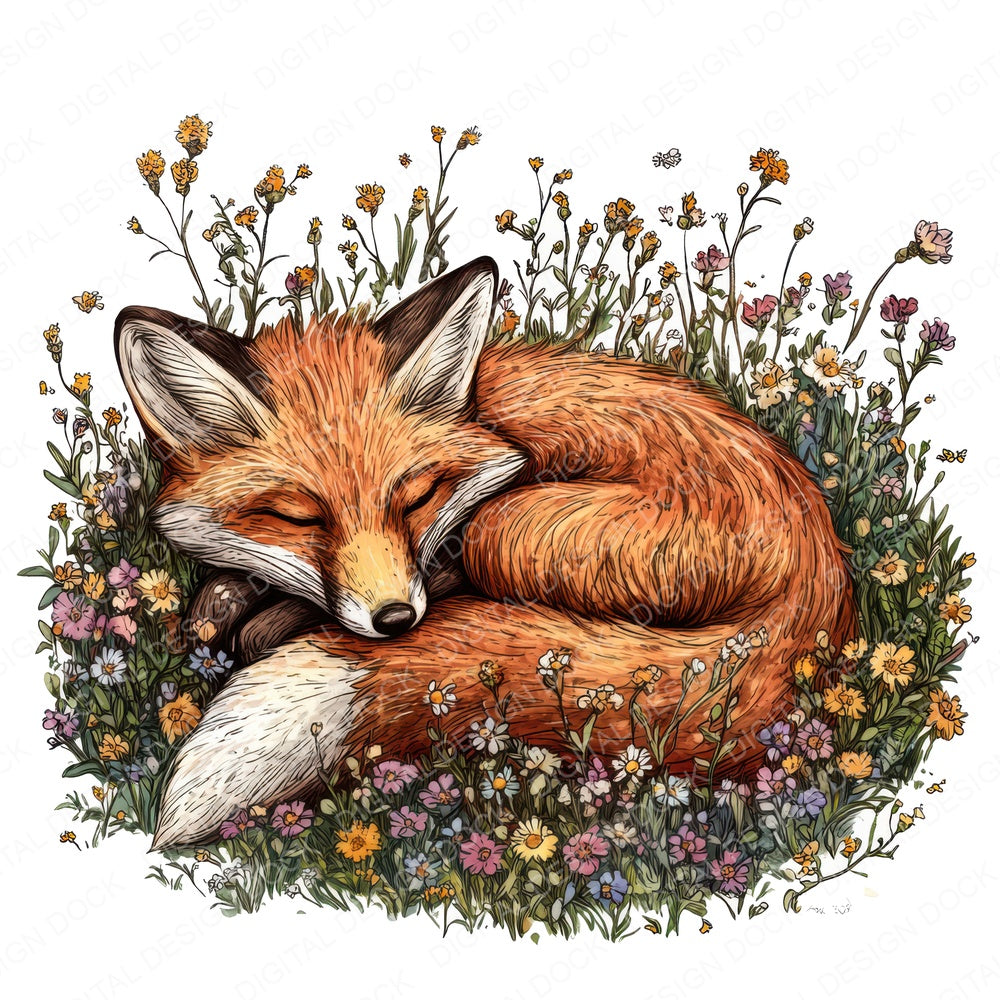 Fox Sleeping in Wildflowers fussy cut sheet in A4 format showing all 12 designs on one printable page