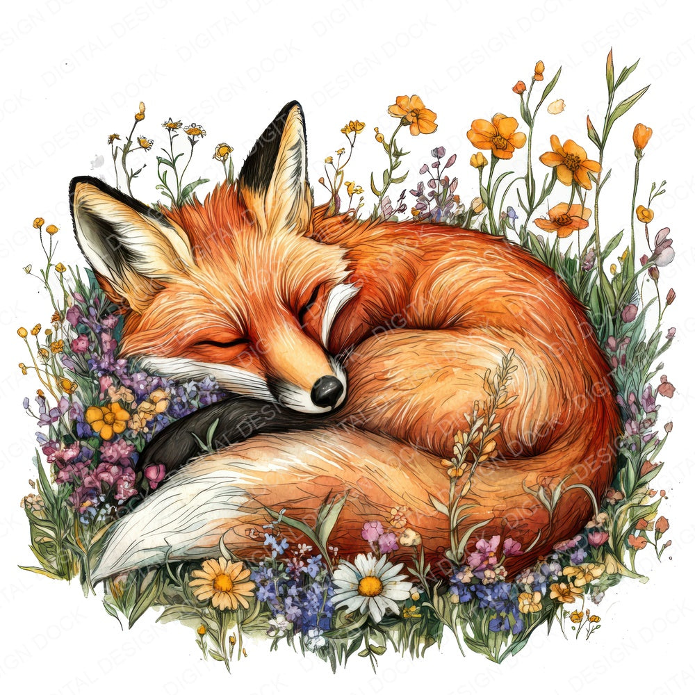 Fox Sleeping in Wildflowers fussy cut sheet in US Letter format showing all 12 designs on one printable page