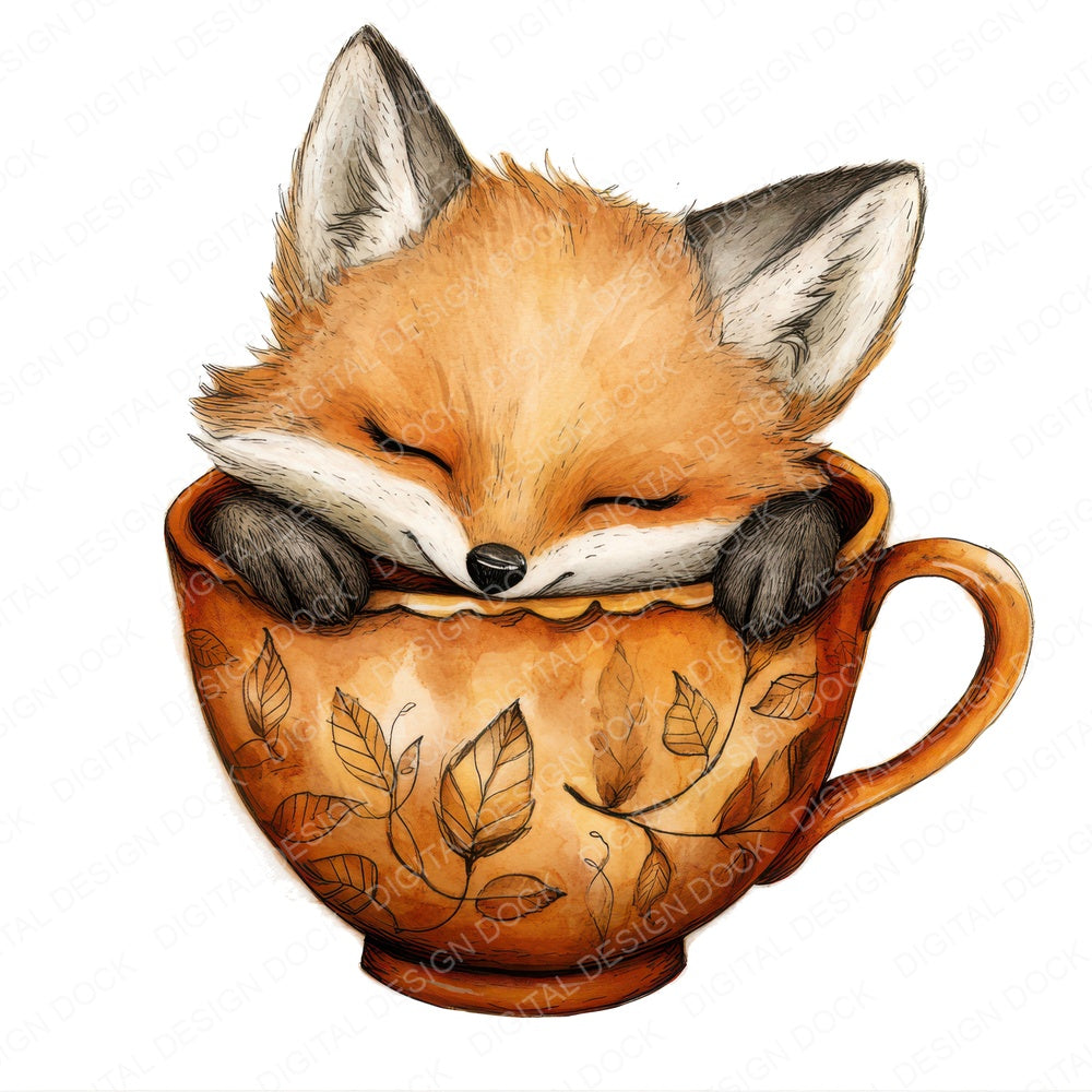 Fox in Autumn Teacup fussy cut sheet in A4 format showing all 12 designs on one printable page