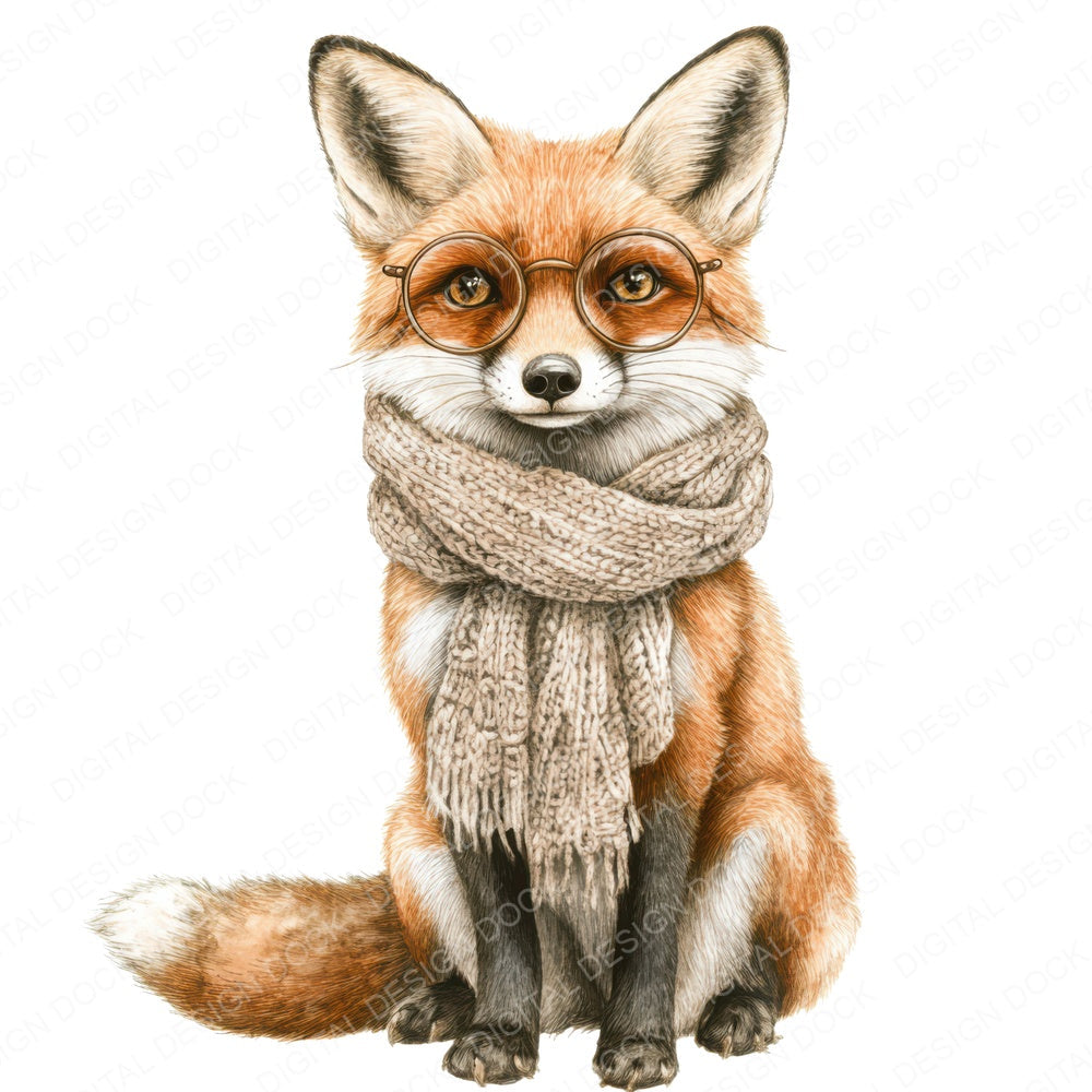 Fox in Scarf and Glasses fussy cut sheet in A4 format showing all 12 designs on one printable page