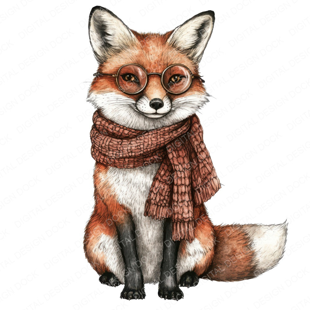 Fox in Scarf and Glasses fussy cut sheet in US Letter format showing all 12 designs on one printable page