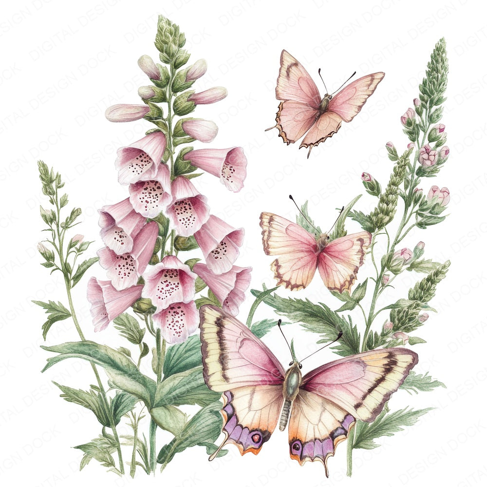 Foxgloves and Butterflies fussy cut sheet in A4 format showing all 12 designs on one printable page