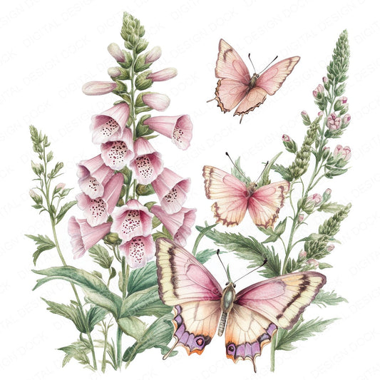 Foxgloves and Butterflies fussy cut sheet in A4 format showing all 12 designs on one printable page