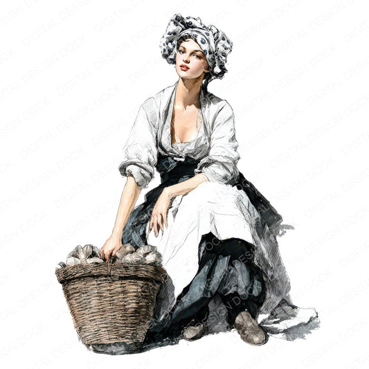 French Woman in Traditional Dress Clipart Set (DDD012249)