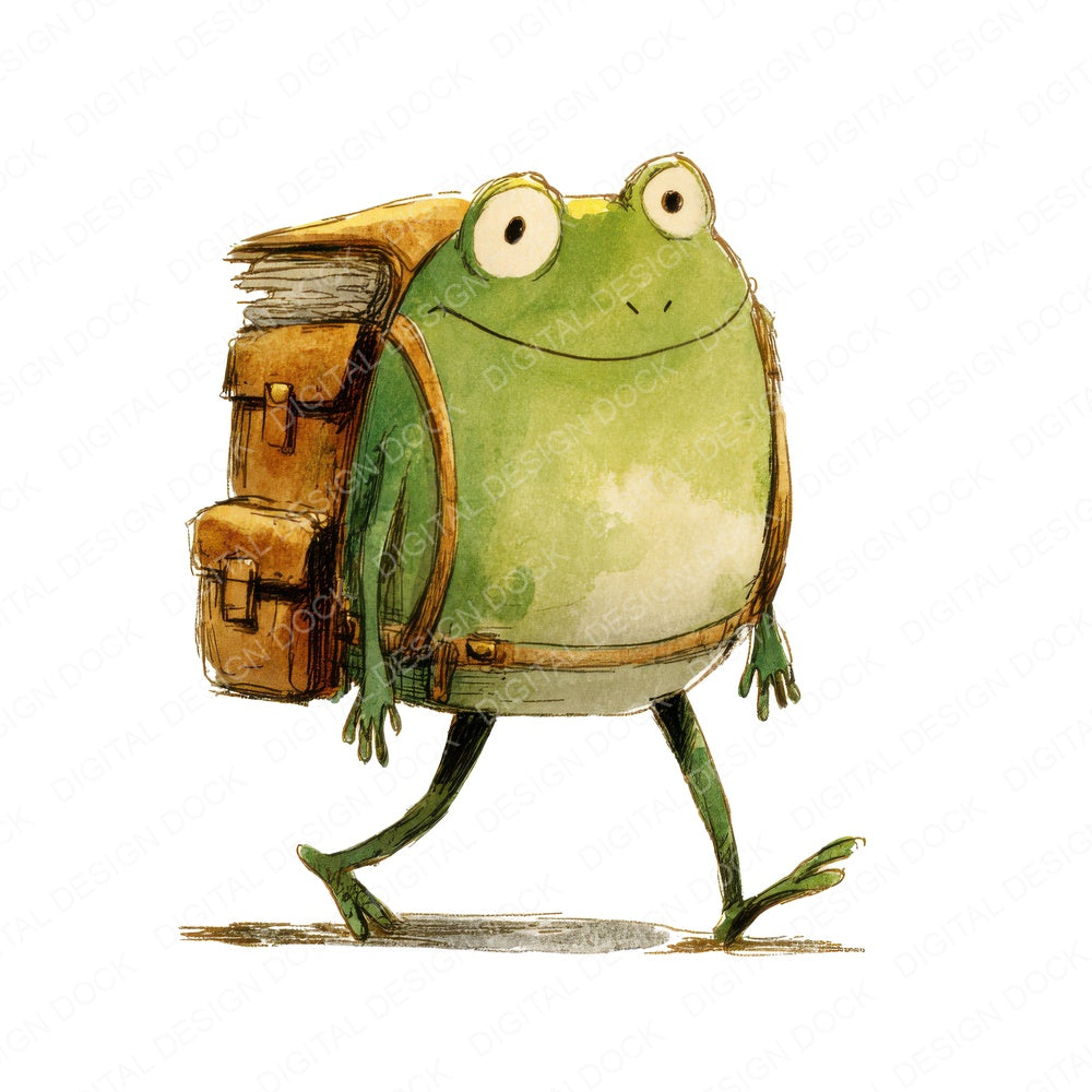 Frog Wearing Backpack fussy cut sheet in A4 format showing all 12 designs on one printable page