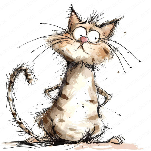 Funny Cat Illustration fussy cut sheet in A4 format showing all 12 designs on one printable page