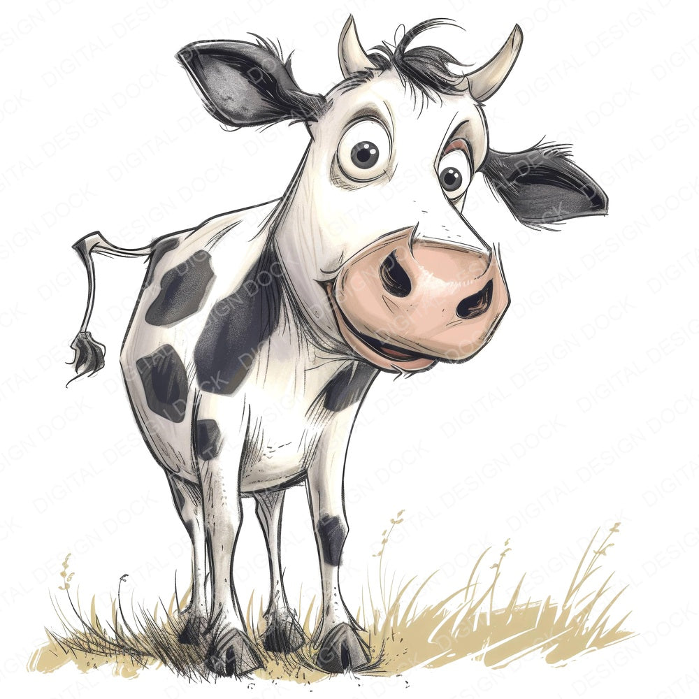 Funny Cow Illustration fussy cut sheet in US Letter format showing all 12 designs on one printable page