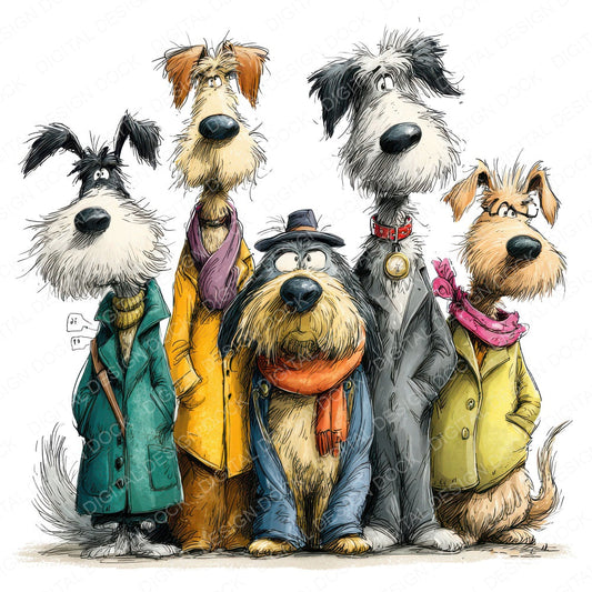 Funny Dog Line Up fussy cut sheet in A4 format showing all 12 designs on one printable page