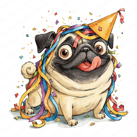 Funny Party Pug Character Clipart Set (DDD012657)