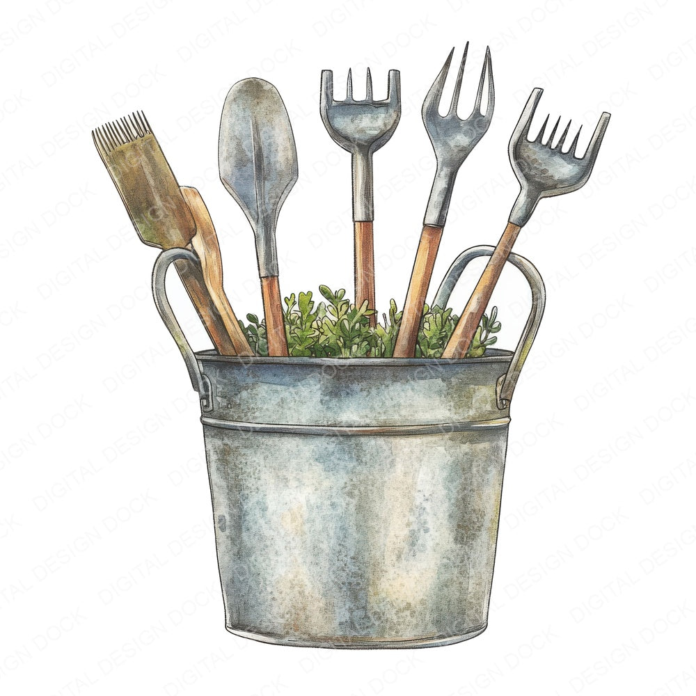 Garden Bucket with Tools fussy cut sheet in A4 format showing all 12 designs on one printable page