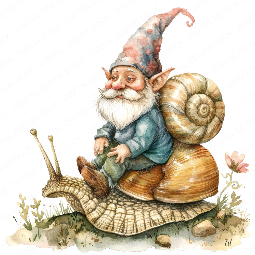 Garden Gnome Riding a Snail fussy cut sheet in A4 format showing all 12 designs on one printable page