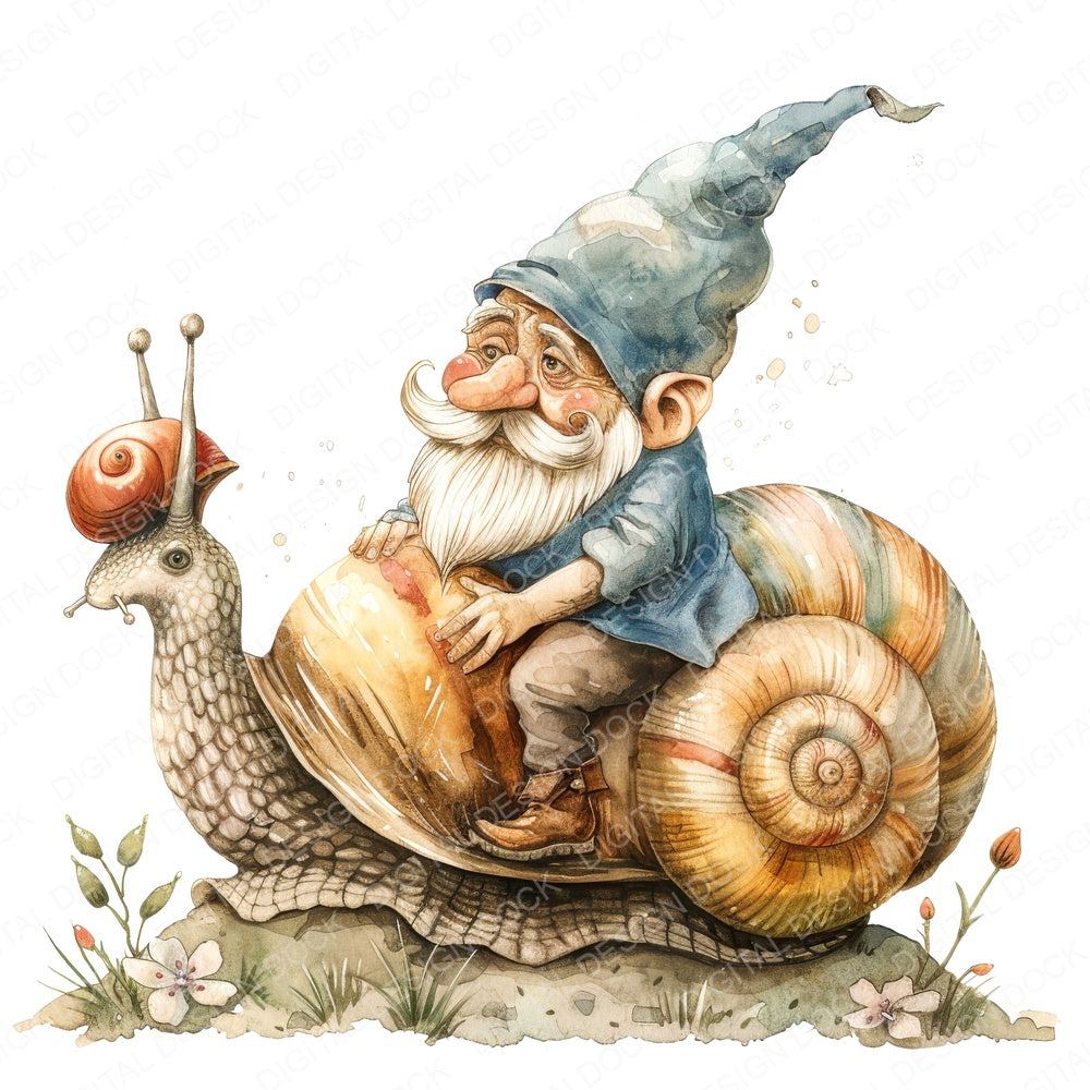 Garden Gnome Riding a Snail fussy cut sheet in US Letter format showing all 12 designs on one printable page