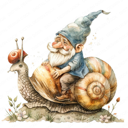 Garden Gnome Riding a Snail fussy cut sheet in US Letter format showing all 12 designs on one printable page
