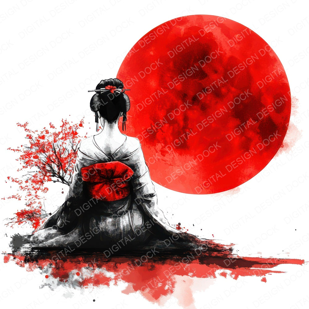 Geisha and Red Moon fussy cut sheet in US Letter format showing all 12 designs on one printable page