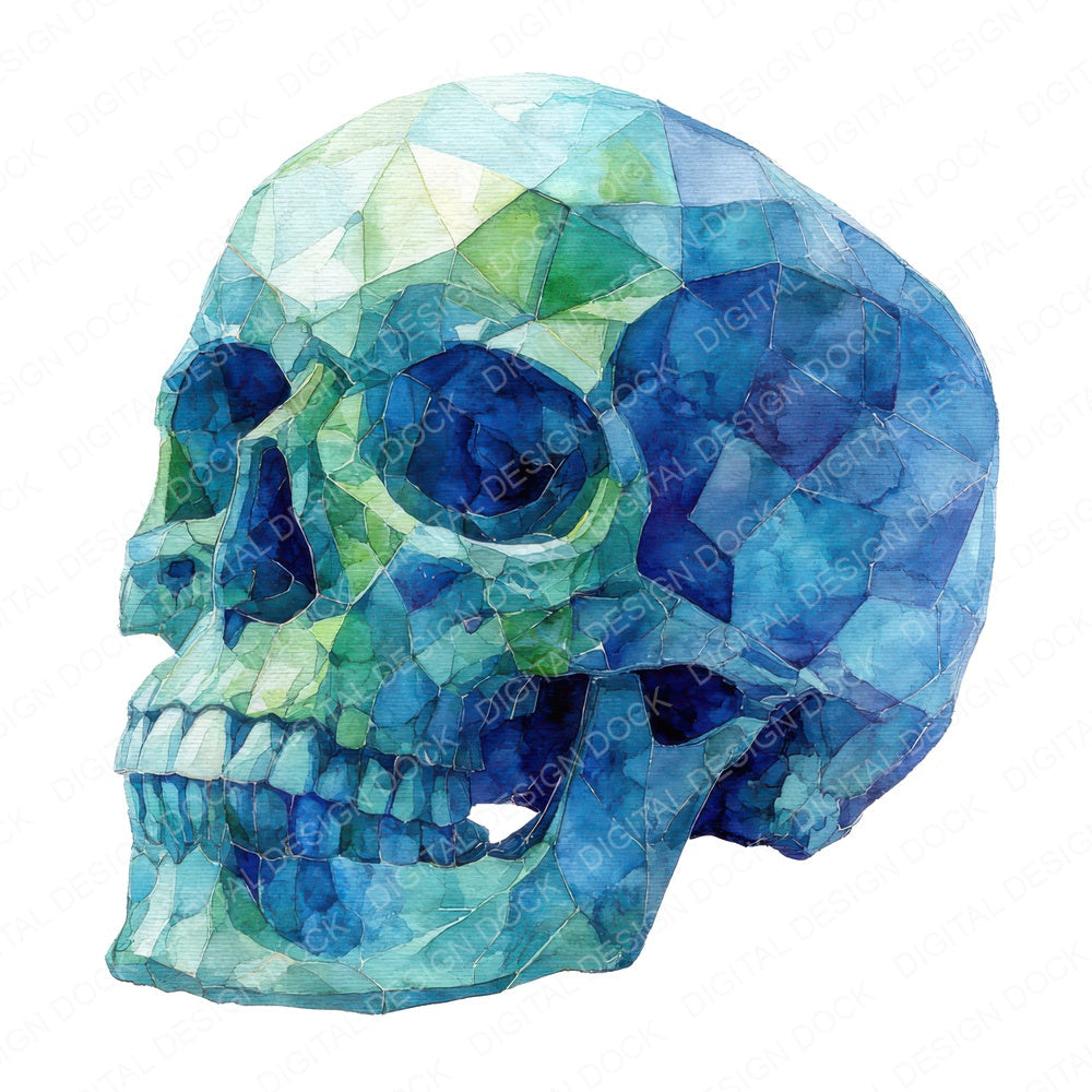 Gemstone Watercolour Skull fussy cut sheet in A4 format showing all 12 designs on one printable page