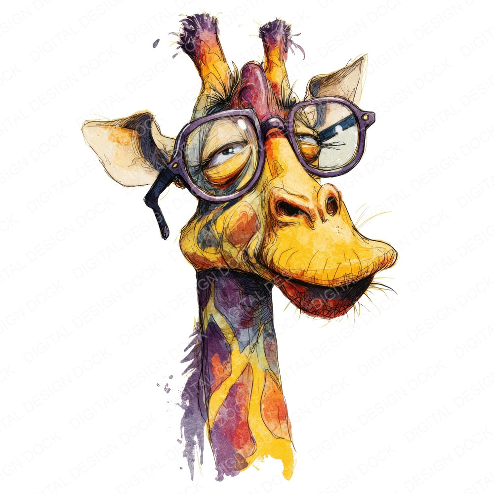 Giraffe Big Glasses fussy cut sheet in A4 format showing all 12 designs on one printable page