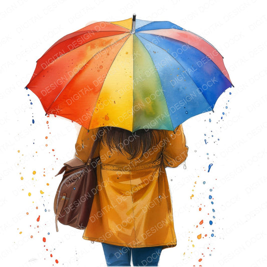 Girl Holding Rainbow Coloured Umbrella fussy cut sheet in A4 format showing all 12 designs on one printable page