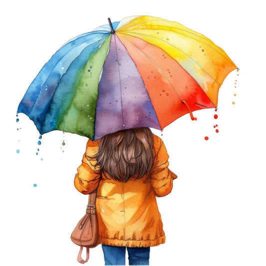 Girl Holding Rainbow Coloured Umbrella Clipart Set (DDD005703)
