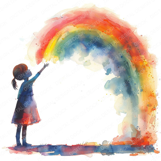 Girl Reaching to touch Rainbow fussy cut sheet in A4 format showing all 12 designs on one printable page