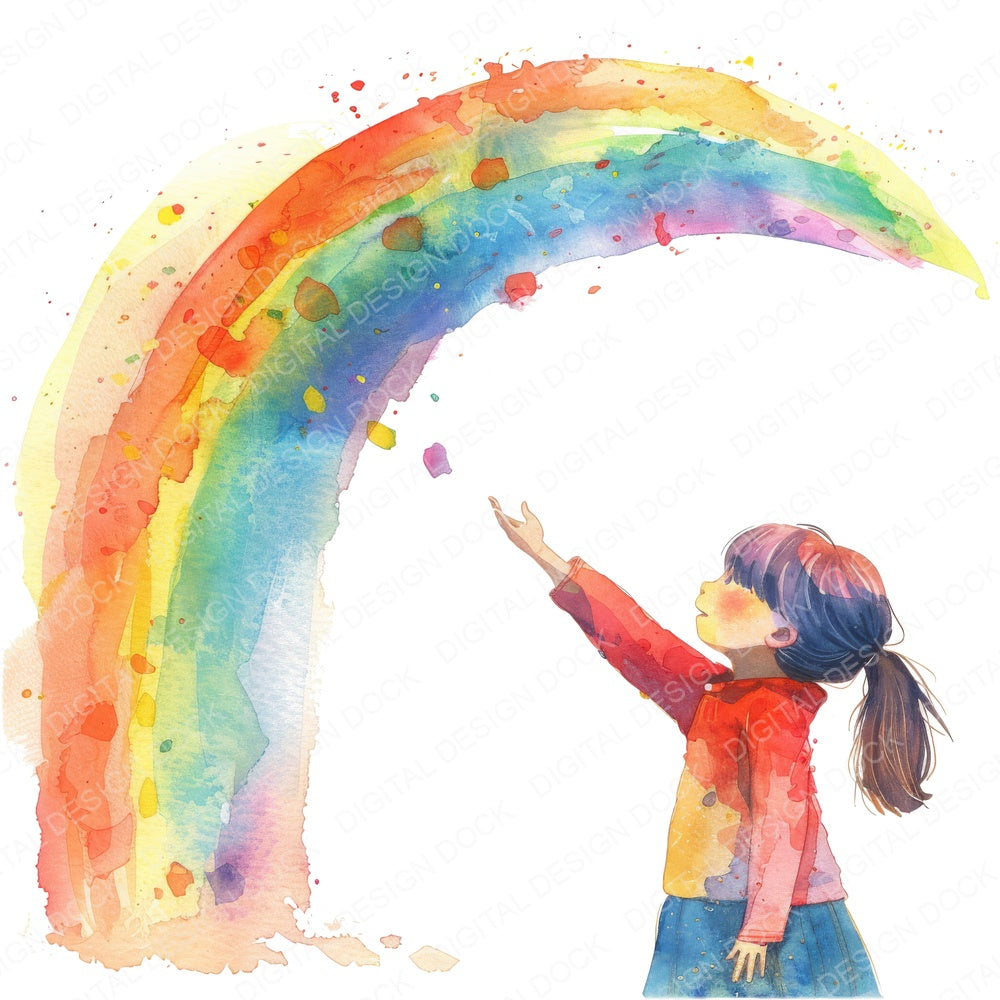 Girl Reaching to touch Rainbow fussy cut sheet in US Letter format showing all 12 designs on one printable page