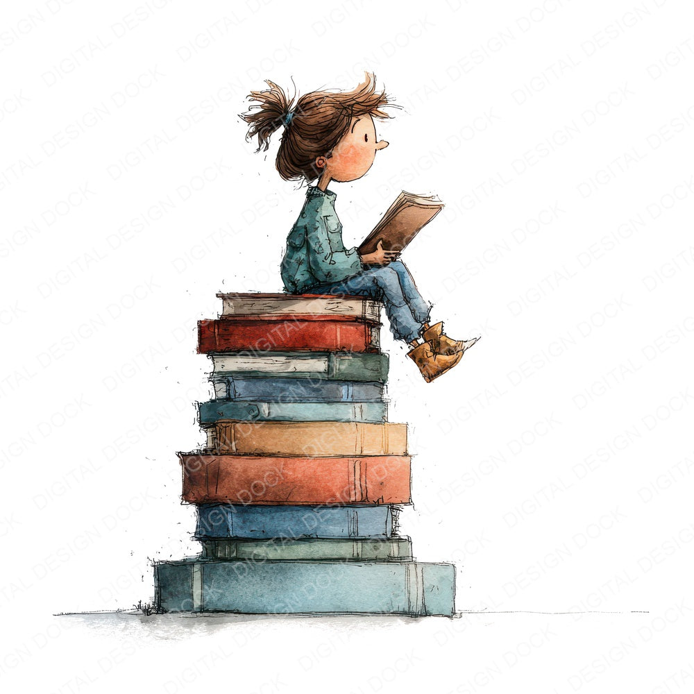 Girl Reading on Pile of Books fussy cut sheet in A4 format showing all 12 designs on one printable page