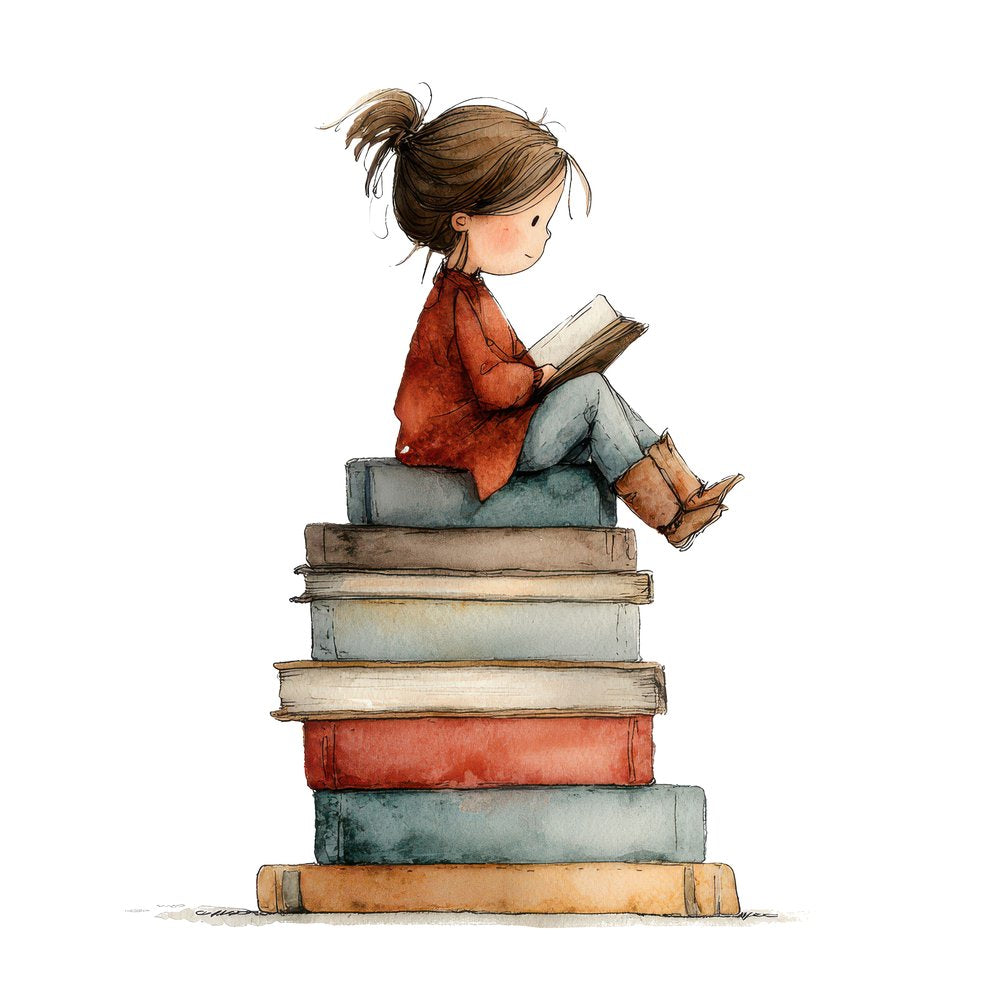 Girl Reading on Pile of Books Clipart Set (DDD005705)