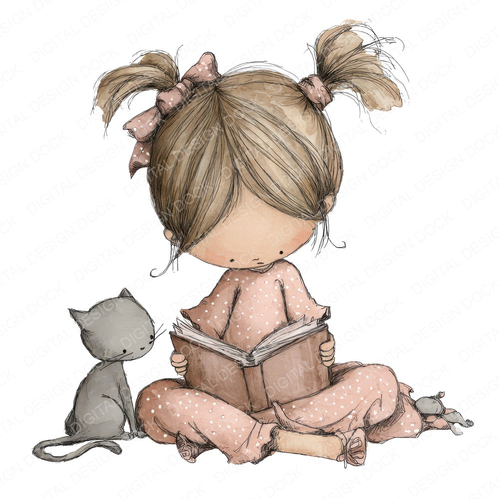 Girl Reading with Cat fussy cut sheet in A4 format showing all 12 designs on one printable page