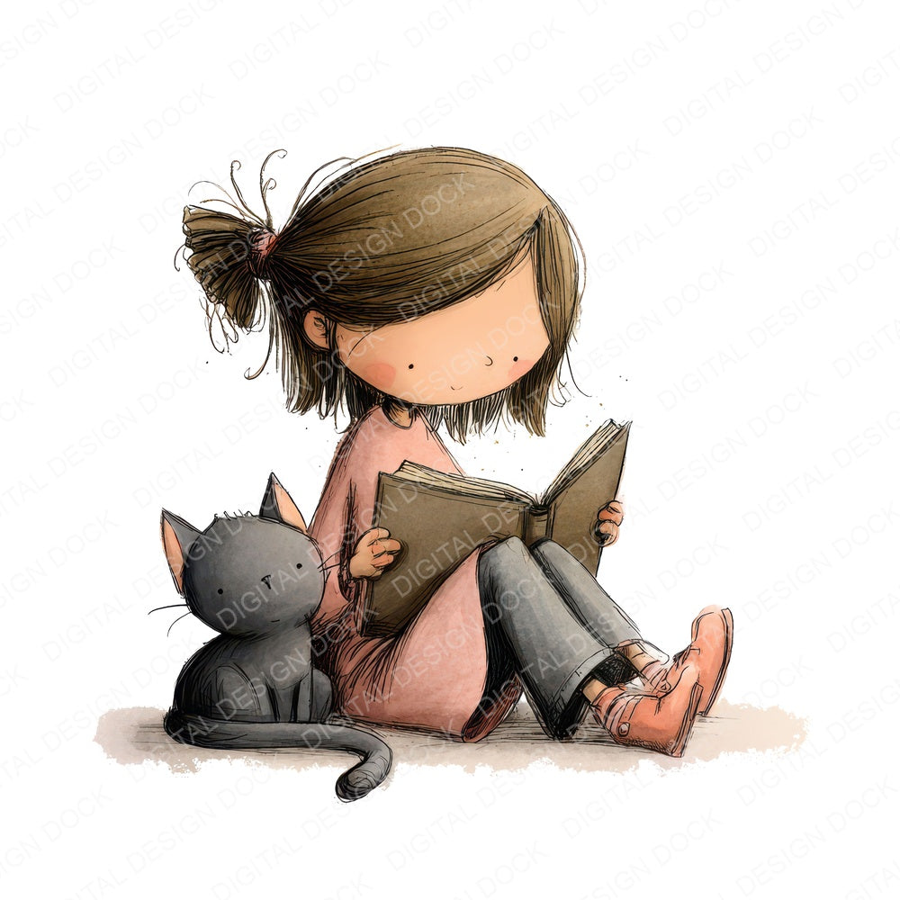 Girl Reading with Cat fussy cut sheet in US Letter format showing all 12 designs on one printable page