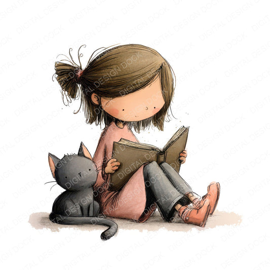 Girl Reading with Cat fussy cut sheet in US Letter format showing all 12 designs on one printable page
