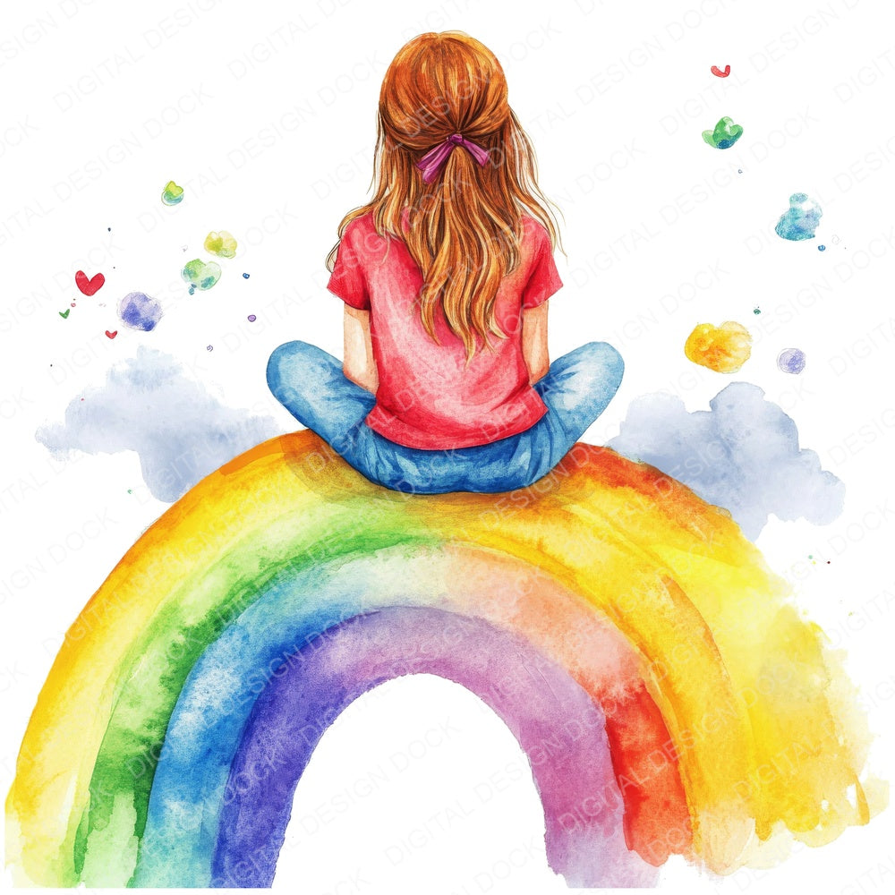 Girl Sat on a Rainbow fussy cut sheet in A4 format showing all 12 designs on one printable page