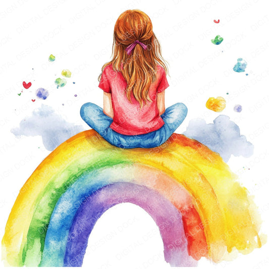 Girl Sat on a Rainbow fussy cut sheet in A4 format showing all 12 designs on one printable page
