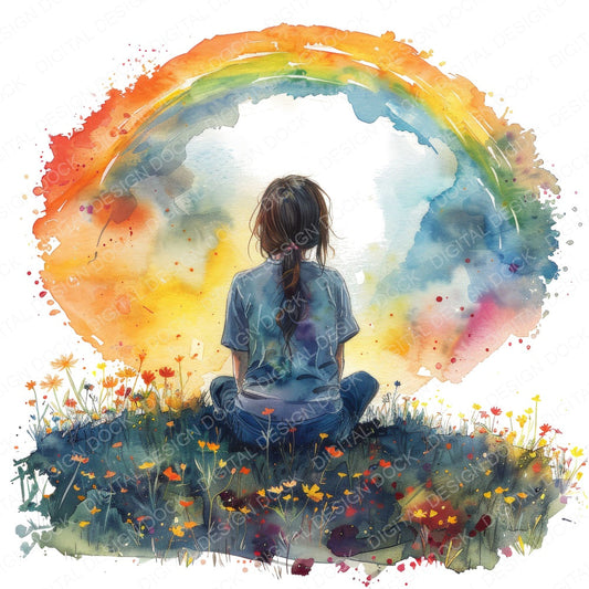Girl Sitting on Hill Watching Rainbow fussy cut sheet in A4 format showing all 12 designs on one printable page